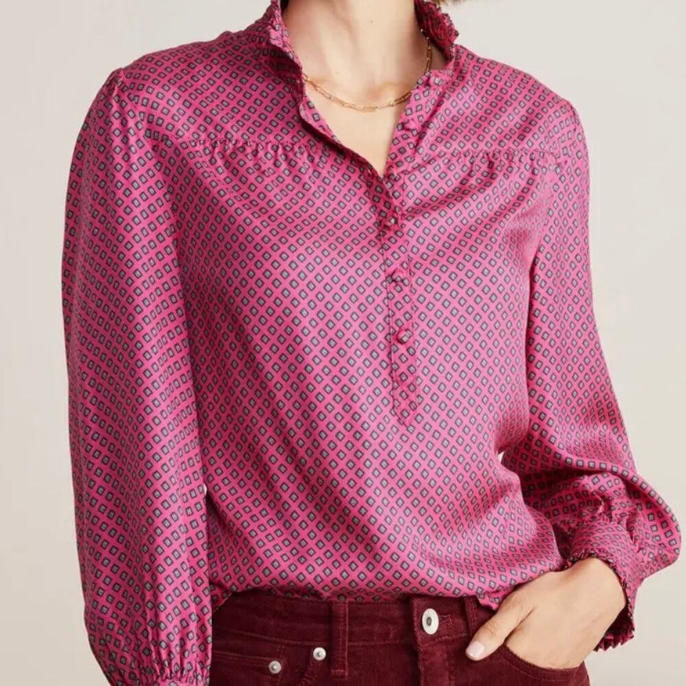 Vineyard Vines Ruffle Collar Silk Blend Popover Top Diamond Border Pink Sz S
